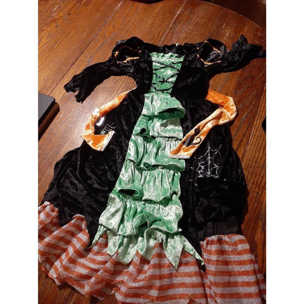 Girls Medium Witch Halloween Costume Dress Orange White Green Black
